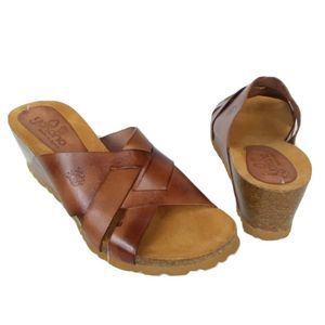 Yokono Cognac Cork Wedge Strappy Weave Sandal Size 9.5